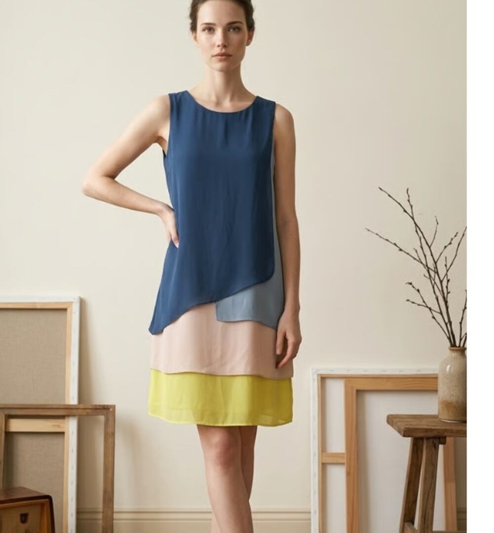 BCBGMAXAZRIA "Haley" Layered Colorblock Tank Dress. Size Med